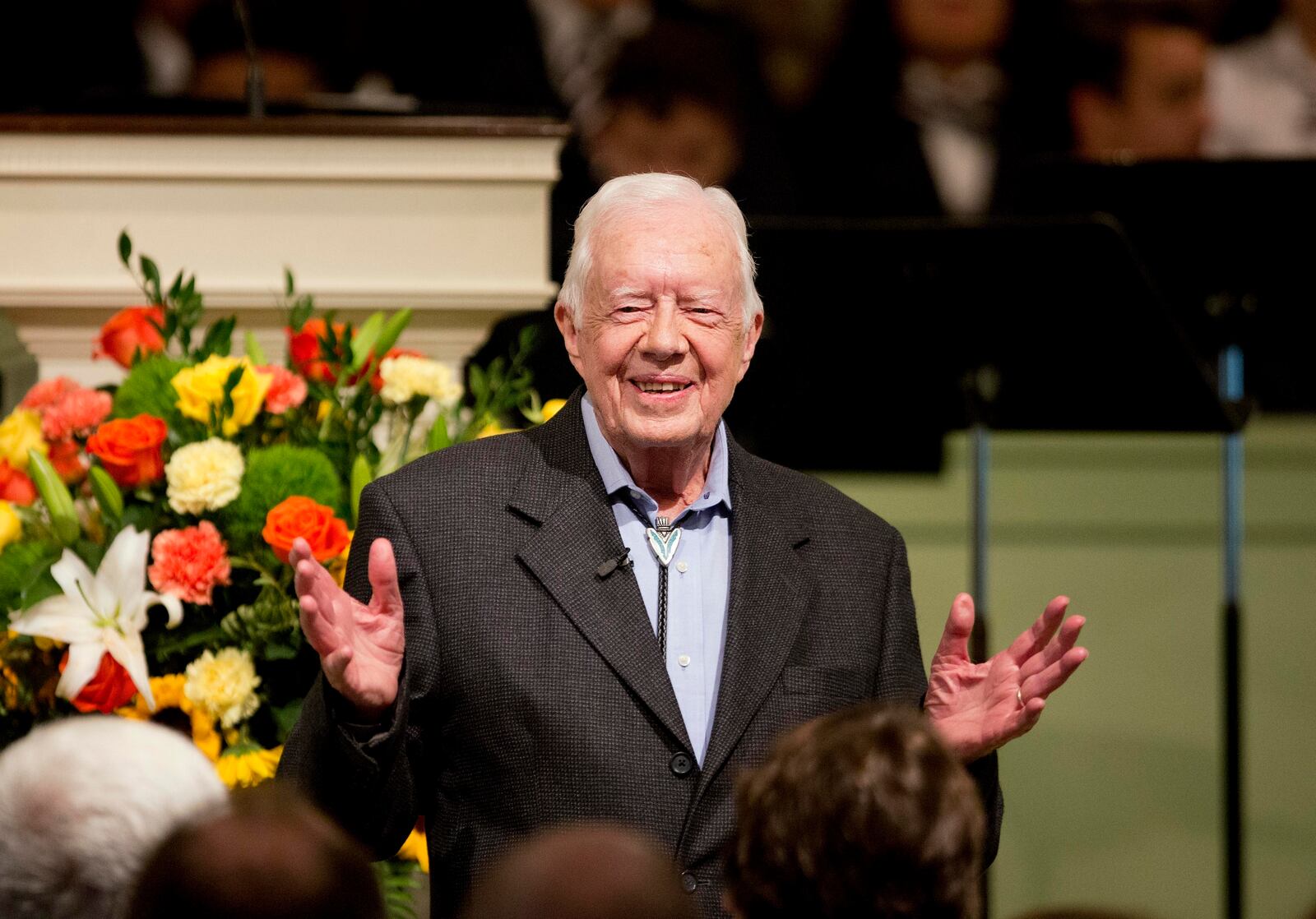 FILE - Former President Jimmy Carter teaches Sunday School class at the Maranatha Baptist Church in his hometown of Plains, Ga., Aug. 23, 2015. (AP Photo/David Goldman, File)