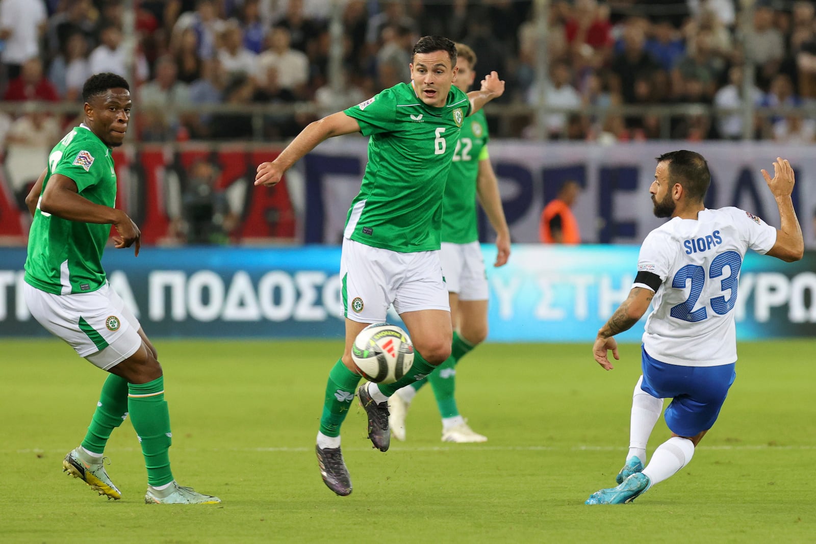 Ireland's Josh Cullen controls the ball during a Nations League soccer match between Greece and Ireland at the Georgios Karaiskakis Stadium in Piraeus port, near Athens, Sunday, Oct. 13, 2024. (AP Photo/Yorgos Karahalis)