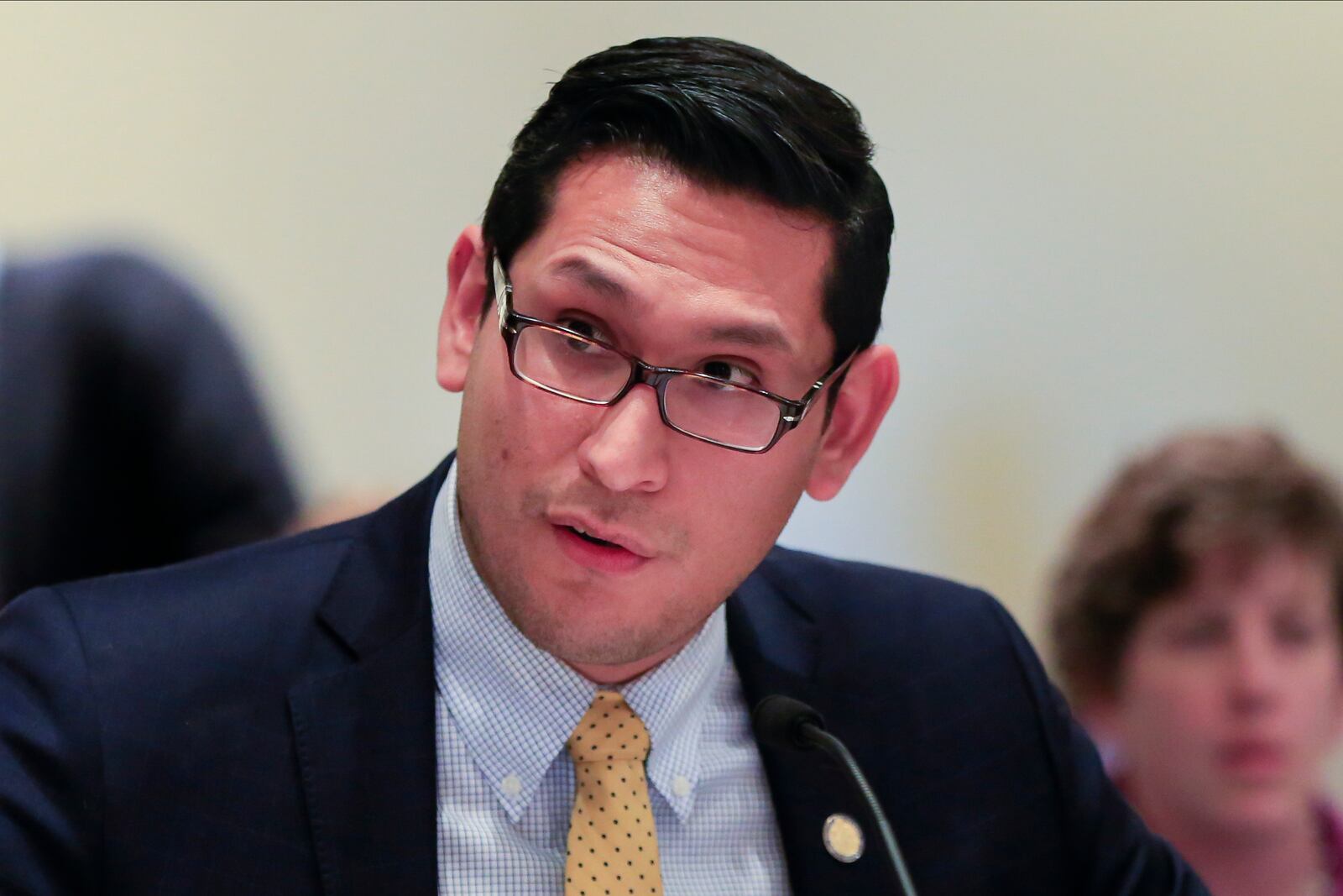 FILE - Nebraska state Sen. Tony Vargas of Omaha speaks at an Education Committee hearing in Lincoln, Neb., Jan 30, 2017. (AP Photo/Nati Harnik, File)