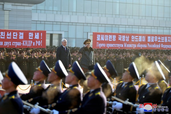 In this photo provided by the North Korean government, Russian Defense Minister Andrei Belousov, center left, with North Korean Defense Minister No Kwang Chol, center right, attends a welcome ceremony on his arrival at a Pyongyang airport, North Korea Friday, Nov. 29, 2024. Independent journalists were not given access to cover the event depicted in this image distributed by the North Korean government. The content of this image is as provided and cannot be independently verified. Korean language watermark on image as provided by source reads: "KCNA" which is the abbreviation for Korean Central News Agency. (Korean Central News Agency/Korea News Service via AP)