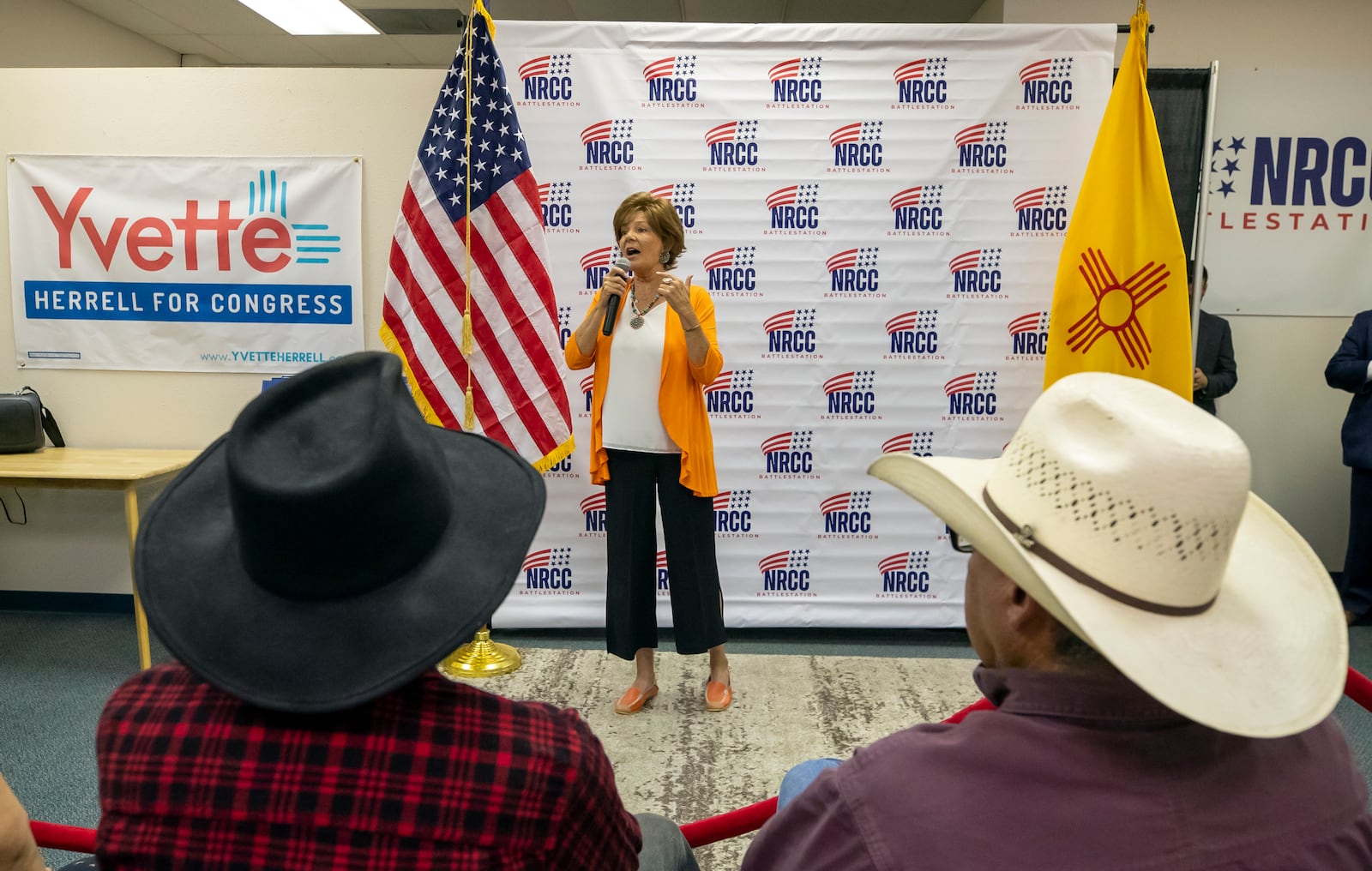 Republican U.S. House candidate Yvette Herrell of New Mexico speaks to attendees of a campaign event in Las Cruces, N.M., Wednesday, Aug. 21, 2024. (AP Photo/Andres Leighton)