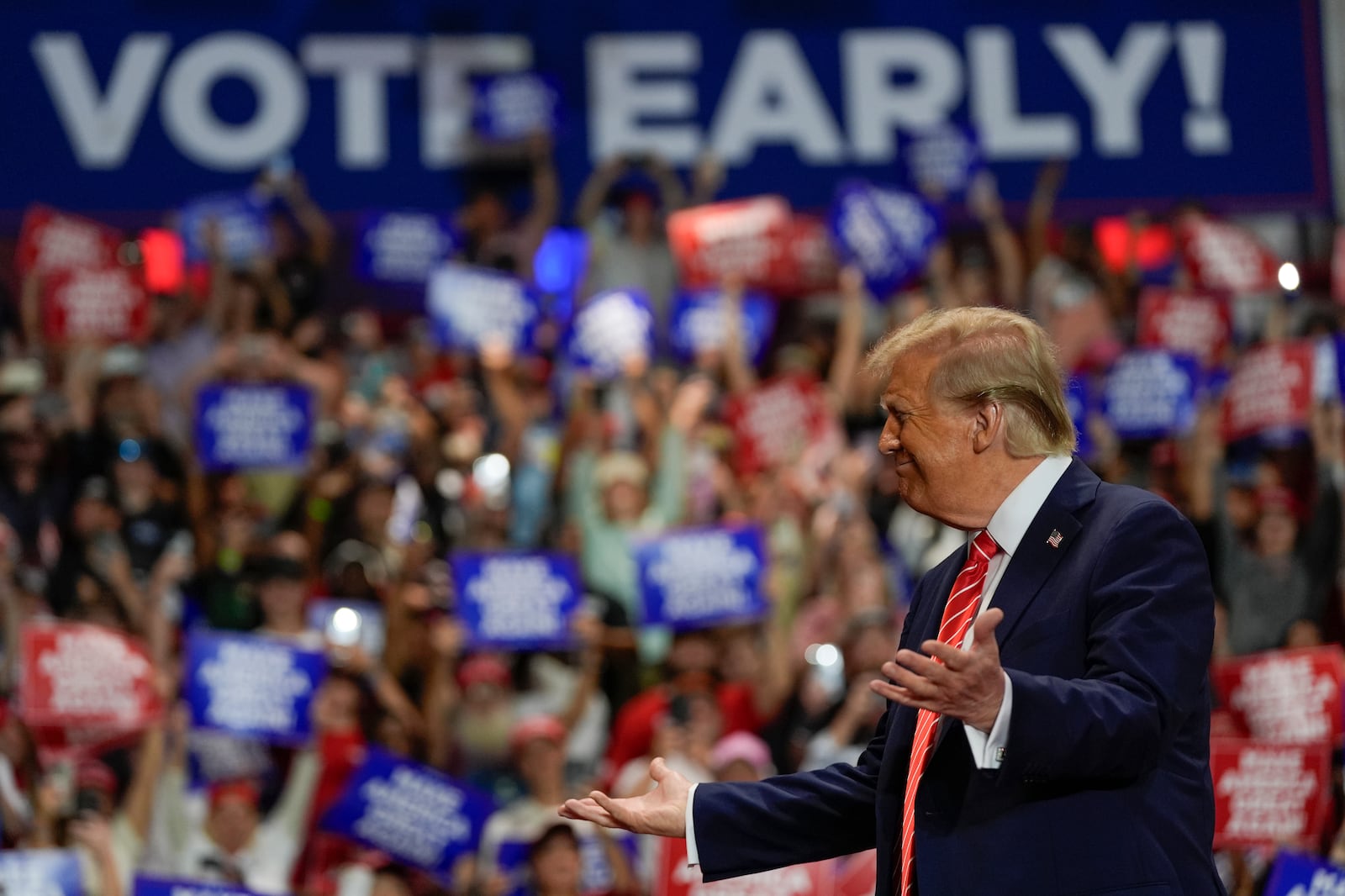 Republican presidential nominee former President Donald Trump arrives at a campaign rally at Rocky Mount Event Center, Wednesday, Oct. 30, 2024, in Rocky Mount, N.C. (AP Photo/Julia Demaree Nikhinson)