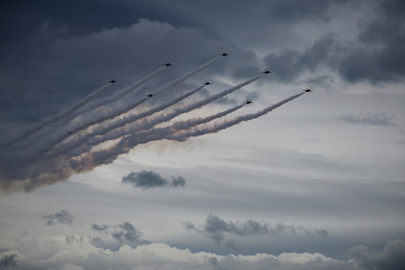 The Black Eagles, the aerobatic team of T-50 jets belonging to South Korea's Air Force, perform during a celebration to mark 76th anniversary of Korea Armed Forces Day, in Seongnam, South Korea, Tuesday, Oct.1, 2024. (Kim Hong-Ji/Pool Photo via AP)