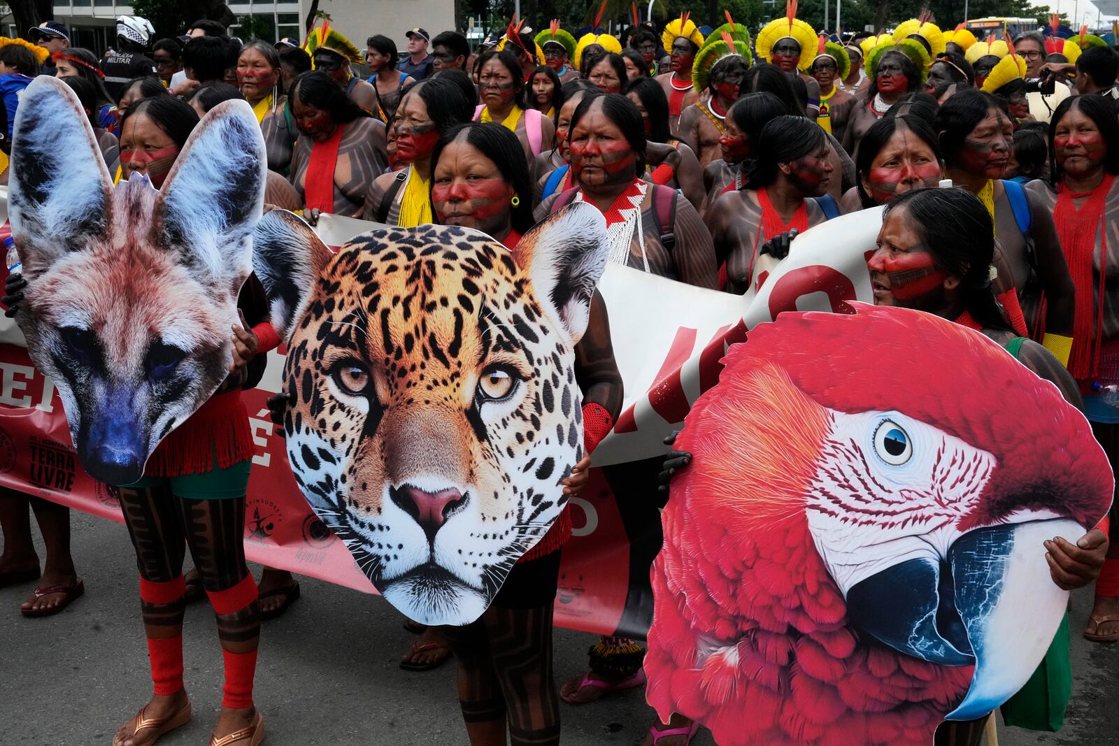 Indigenous groups take part in protest against the prospective creation of a benchmark time limit that threatens to strip some their lands, in Brasilia, Brazil, Wednesday, Oct. 30, 2024. (AP Photo/Eraldo Peres)