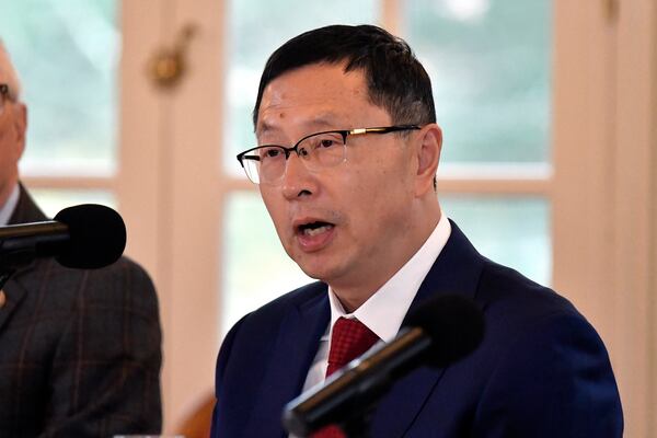 Dr. Shawn Qu, Chairman and CEO of Canadian Solar speaks during an announcement by Shelbyville Battery Manufacturing of a $712 million battery manufacturing project in Shelbyville, Ky., creating 1,572 skilled, high-tech jobs at the Governor's Mansion in Frankfort, Ky., Friday, Nov. 15, 2024. (AP Photo/Timothy D. Easley)