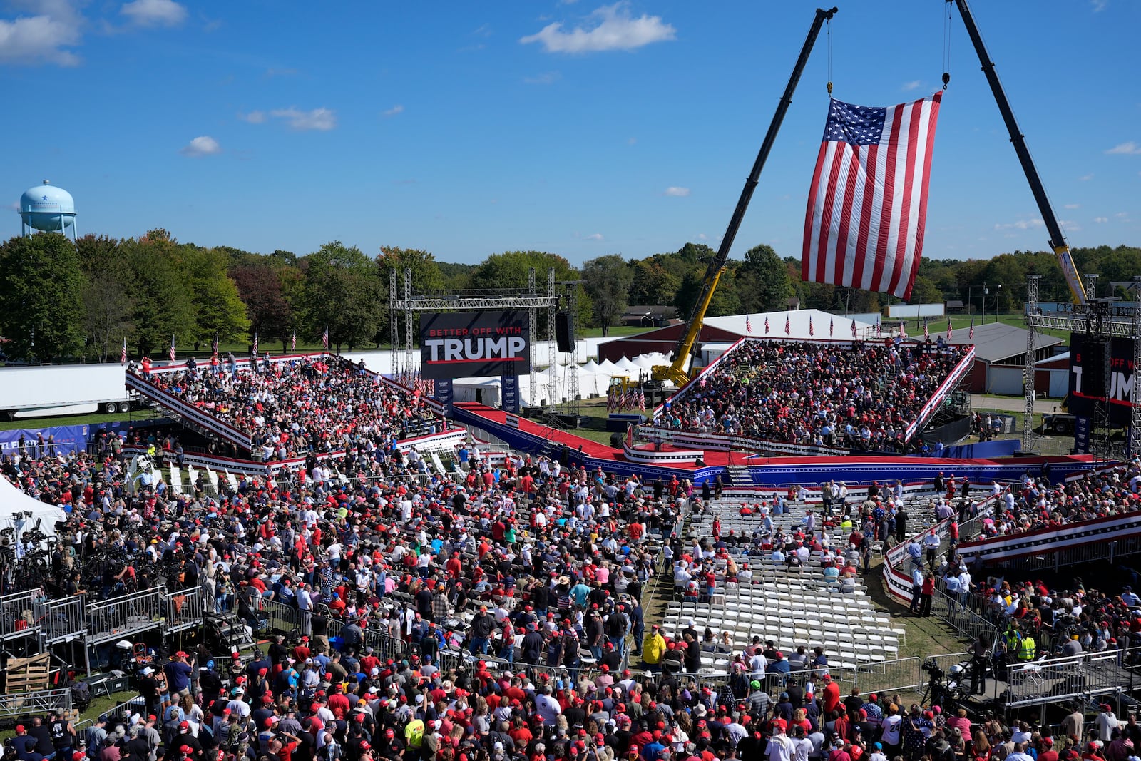 Supporters arrive before Republican presidential nominee former President Donald Trump speaks at a campaign event at the Butler Farm Show, Saturday, Oct. 5, 2024, in Butler, Pa. (AP Photo/Alex Brandon)