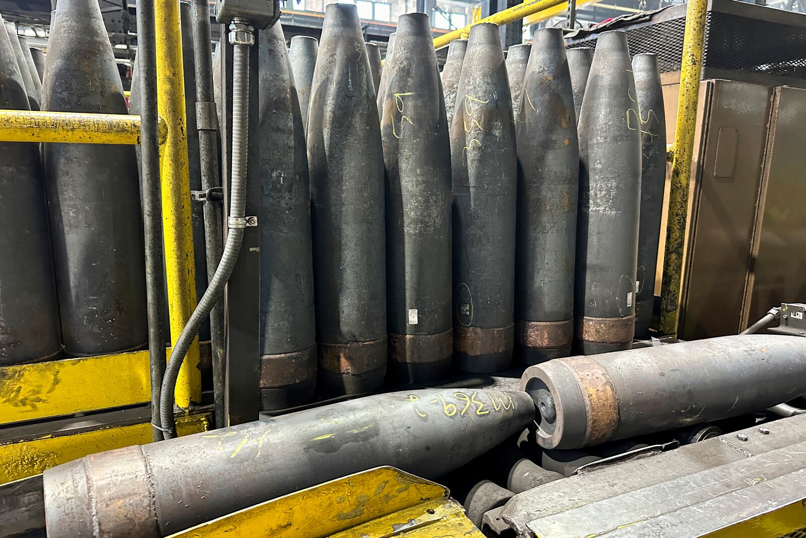 A key artillery shell in Ukraine's fight against Russia, the 155 mm howitzer shell, is in production at the Scranton Army Ammunition Plant in Scranton, Pa., on Tuesday, August 27, 2024. (AP Photo/Ted Shaffrey, File)