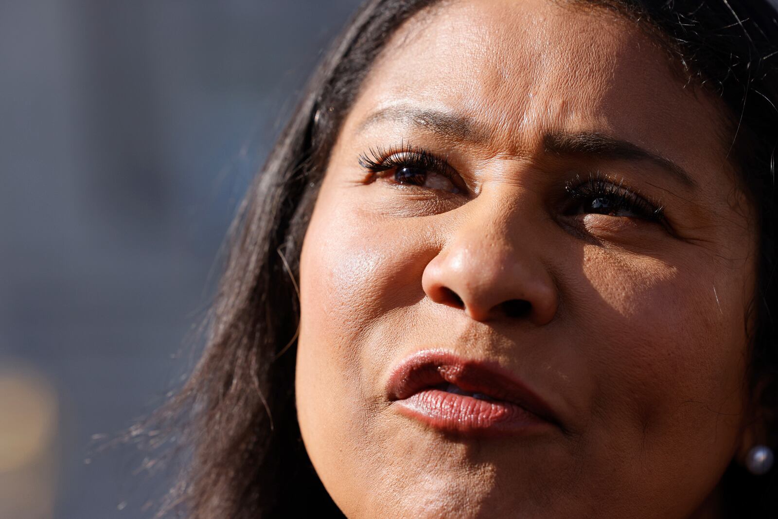 Mayor London Breed answers questions from the media at an APPI Unity Rally to rally support for her re-election in San Francisco, Calif., on Friday, Nov. 1, 2024. (Lea Suzuki/San Francisco Chronicle via AP)