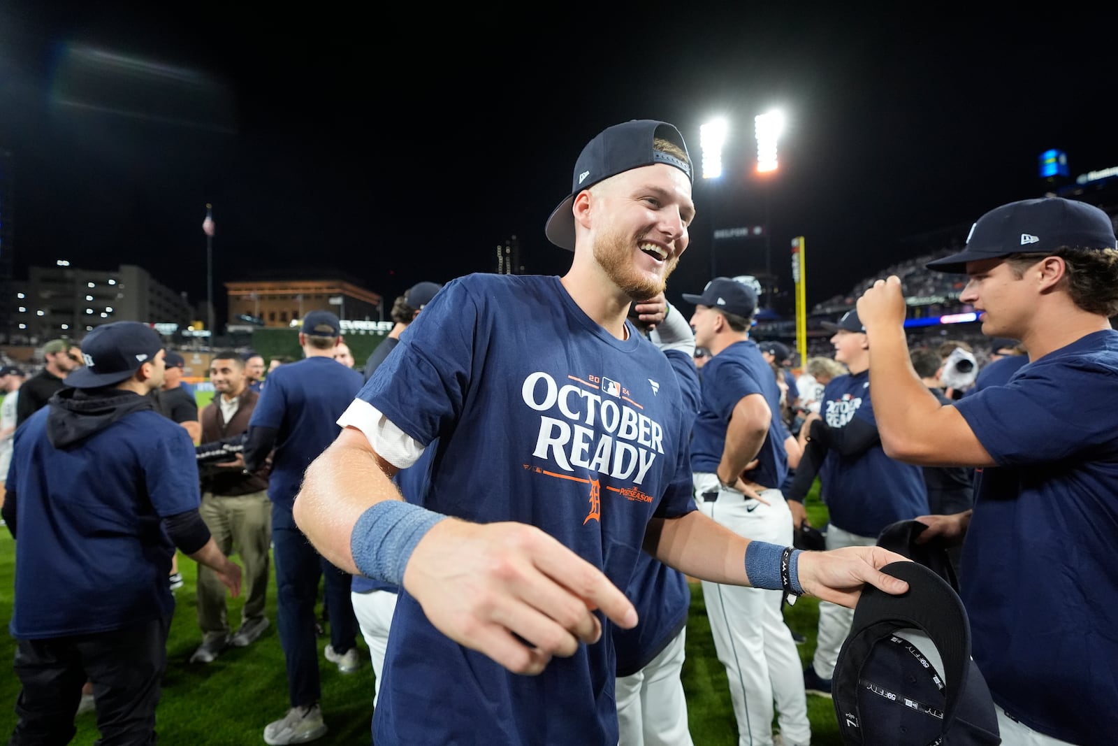 Detroit Tigers outfielder Parker Meadows celebrates after the ninth inning of a baseball game against the Chicago White Sox, Friday, Sept. 27, 2024, in Detroit. (AP Photo/Carlos Osorio)