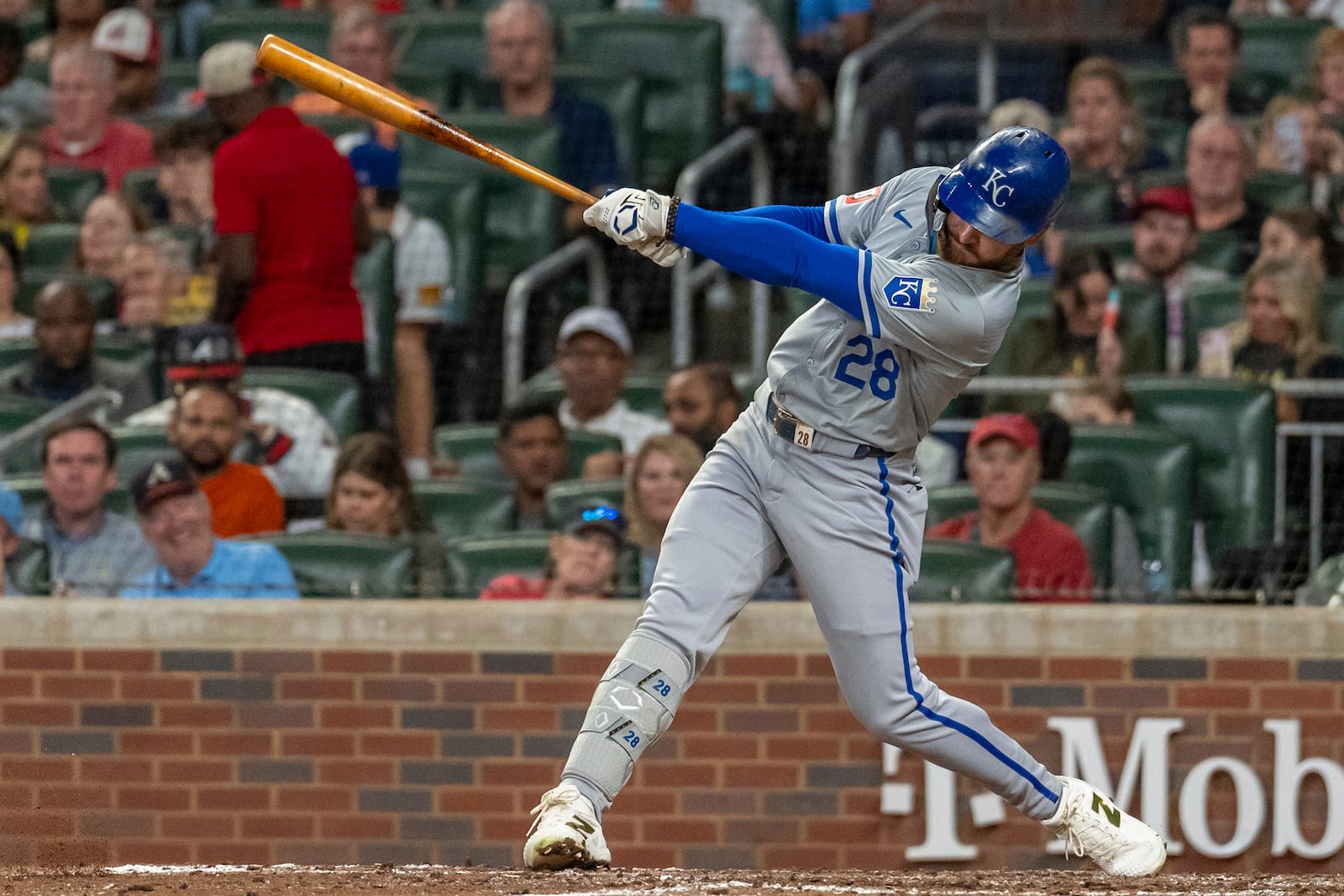 Kansas City Royals' Kyle Isbel swings for a called strike in the sixth inning of a baseball game against the Atlanta Braves, Friday, Sept. 27, 2024, in Atlanta. (AP Photo/Jason Allen)