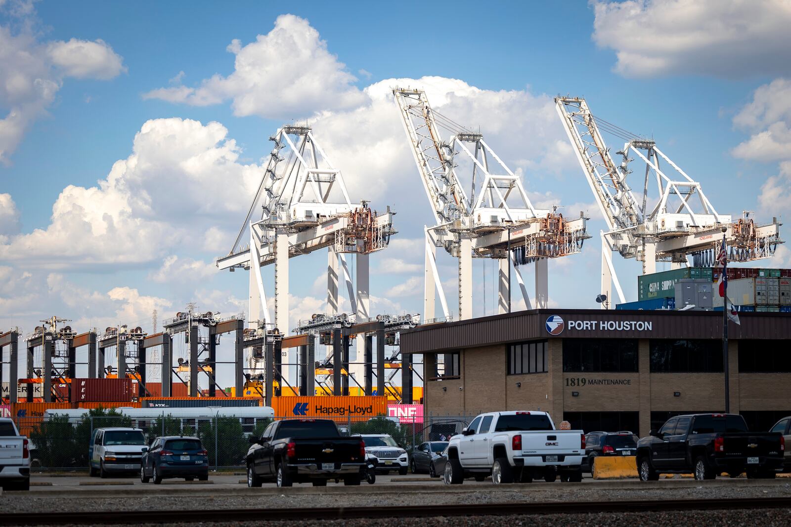 Cranes remain shut down at the Barbours Cut Container Terminal during the first day of a dockworkers strike on Tuesday, Oct. 1, 2024, in Houston. (AP Photo/Annie Mulligan)