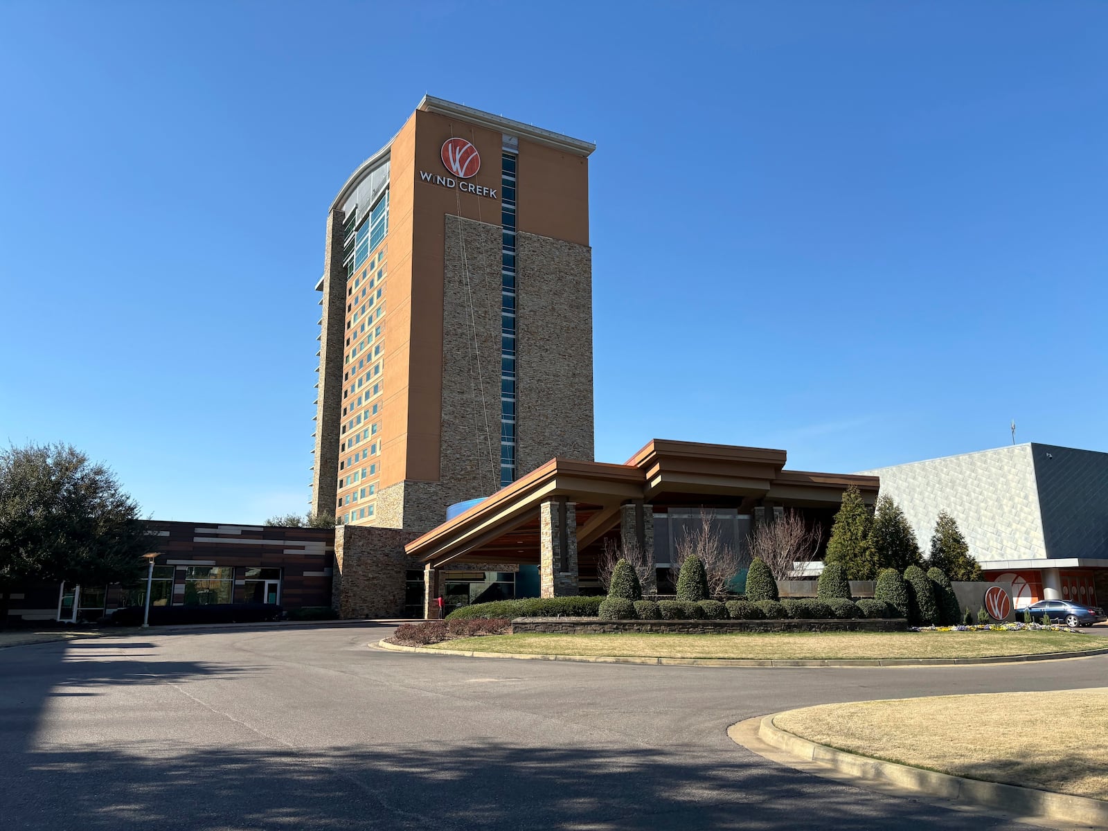 The Wind Creek Casino and Hotel is seen on Feb. 25, 2024, in Wetumpka, Ala., where the Oklahoma-based Muscogee (Creek) Nation contends Alabama's Poarch Band of Creek Indians broke their legal promise to preserve a historic Muscogee site when they acquired it in 1980. (AP Photo/Kim Chandler)