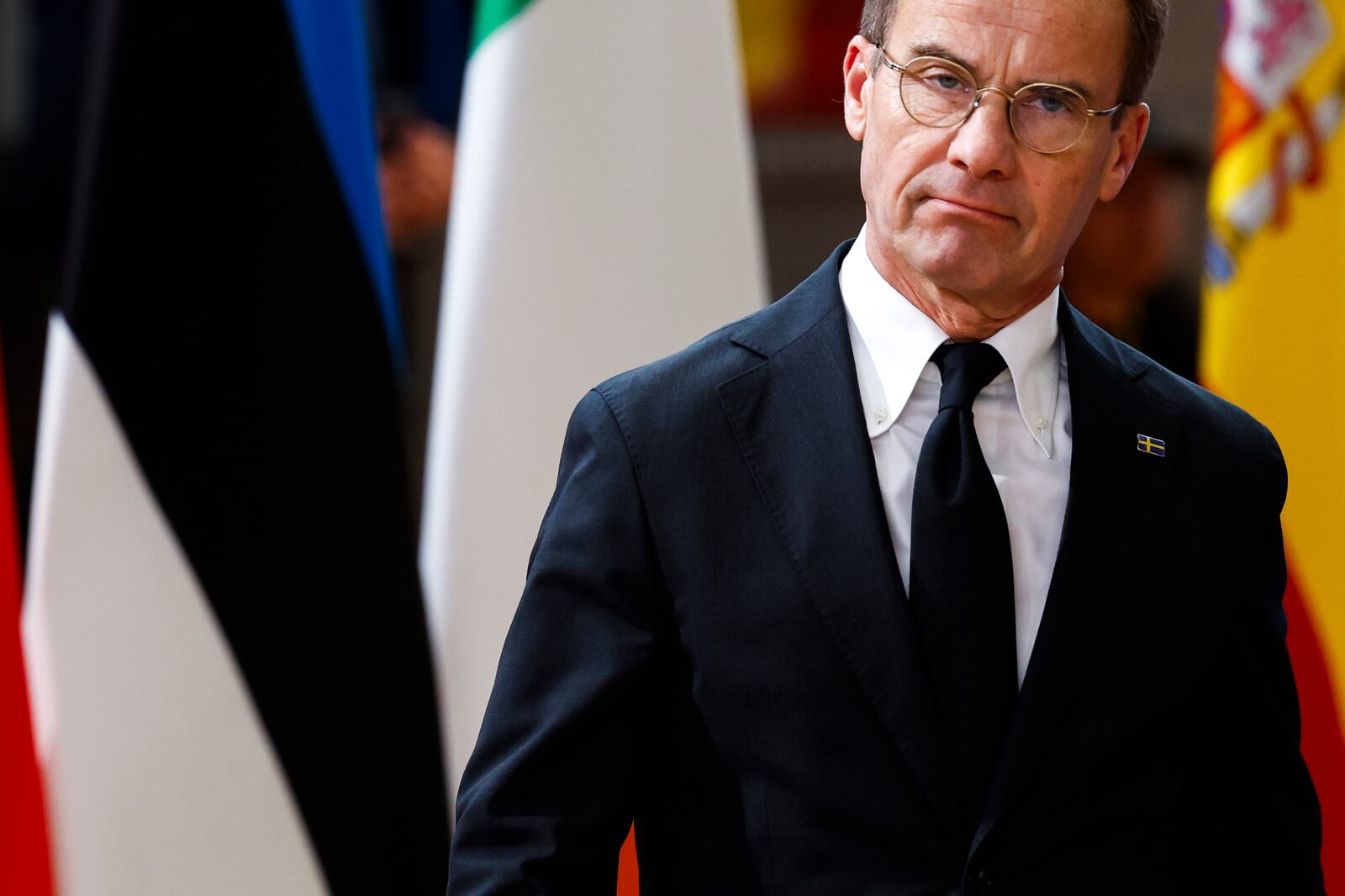 Sweden's Prime Minister Ulf Kristersson arrives to an EU summit in Brussels, Thursday, Oct. 17, 2024. (AP Photo/Geert Vanden Wijngaert)