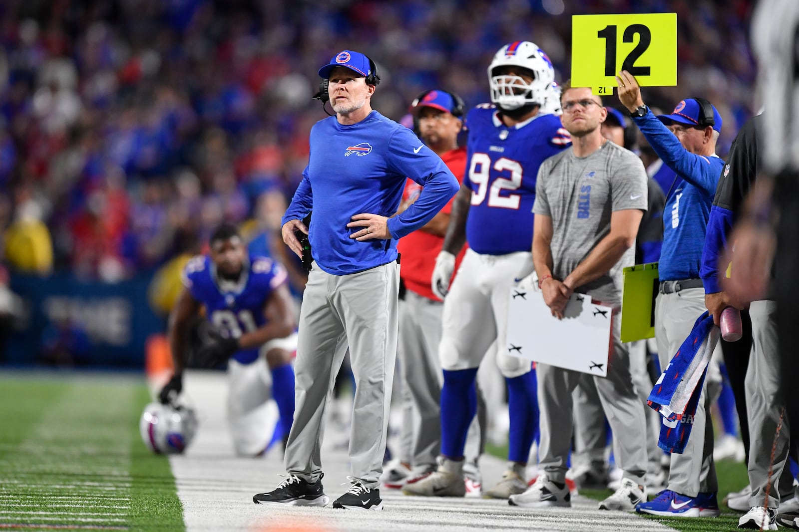 Buffalo Bills head coach Sean McDermott watches from the sideline during the second half of an NFL football game against the Jacksonville Jaguars, Monday, Sept. 23, 2024, in Orchard Park, NY. (AP Photo/Adrian Kraus)