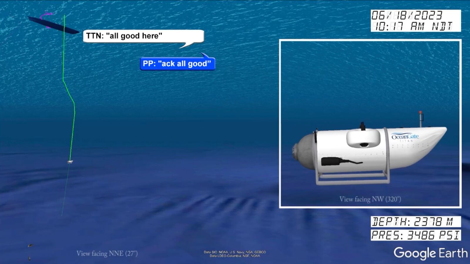 In a still from from a video animation provided by the United States Coast Guard an illustration of the Titan submersible, right, is shown near the ocean floor of the Atlantic Ocean, as June 18, 2023 communications between the submersible and the support vessel Polar Prince, not shown, are represented at left. (United States Coast Guard via AP)