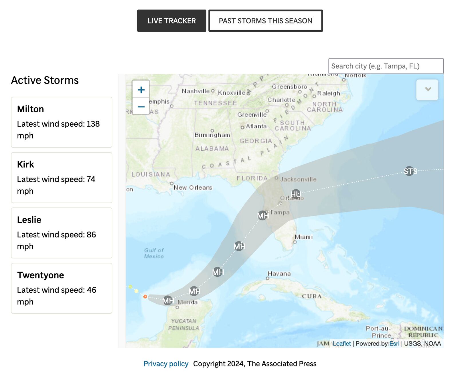 The map above shows the positioning and category strength of Hurricane Milton as of Monday morning on Oct. 7, 2024. (AP Digital Embed)