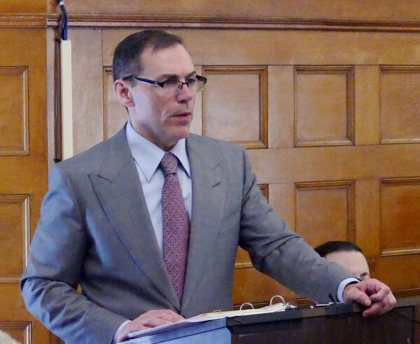 Prosecuting attorney Hank Brennan questions forensic scientist Maureen Hartnett during the Karen Read trial in Norfolk Superior Court on Wednesday, May 14, 2025, in Dedham, Mass. (Mark Chavous/Enterprise News via AP, Pool)