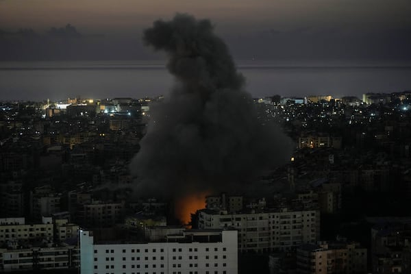 Smoke rises after an Israeli airstrike on Dahiyeh, in the southern suburb of Beirut, Lebanon, Saturday, Nov. 16, 2024. (AP Photo/Bilal Hussein)