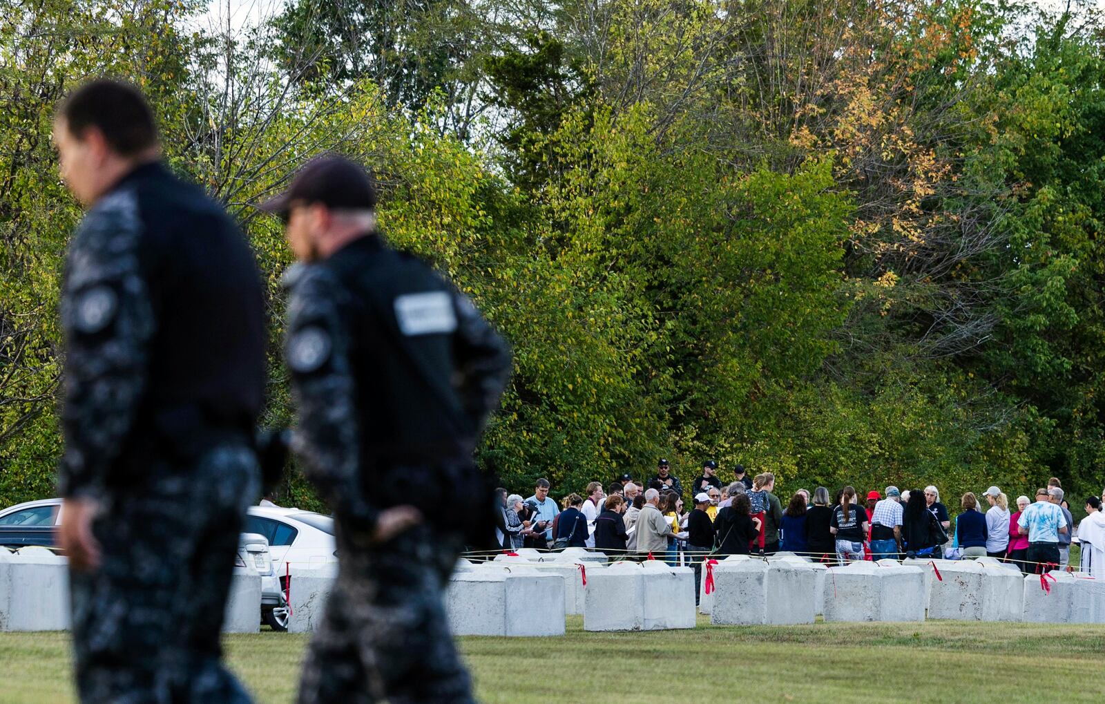 Correctional Officers with the Missouri Department Corrections patrol the area as protesters opposed to the execution of Marcellus Williams pray outside the state prison, Tuesday, Sept. 24, 2024, in Bonne Terre, Mo. (Zachary Linhares/St. Louis Post-Dispatch via AP)