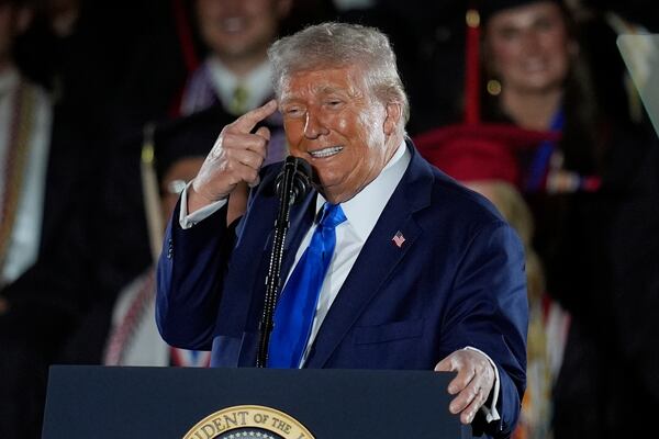 President Donald Trump gives a commencement address at the University of Alabama, Thursday, May 1, 2025, in Tuscaloosa, Ala. (AP Photo/Mike Stewart)