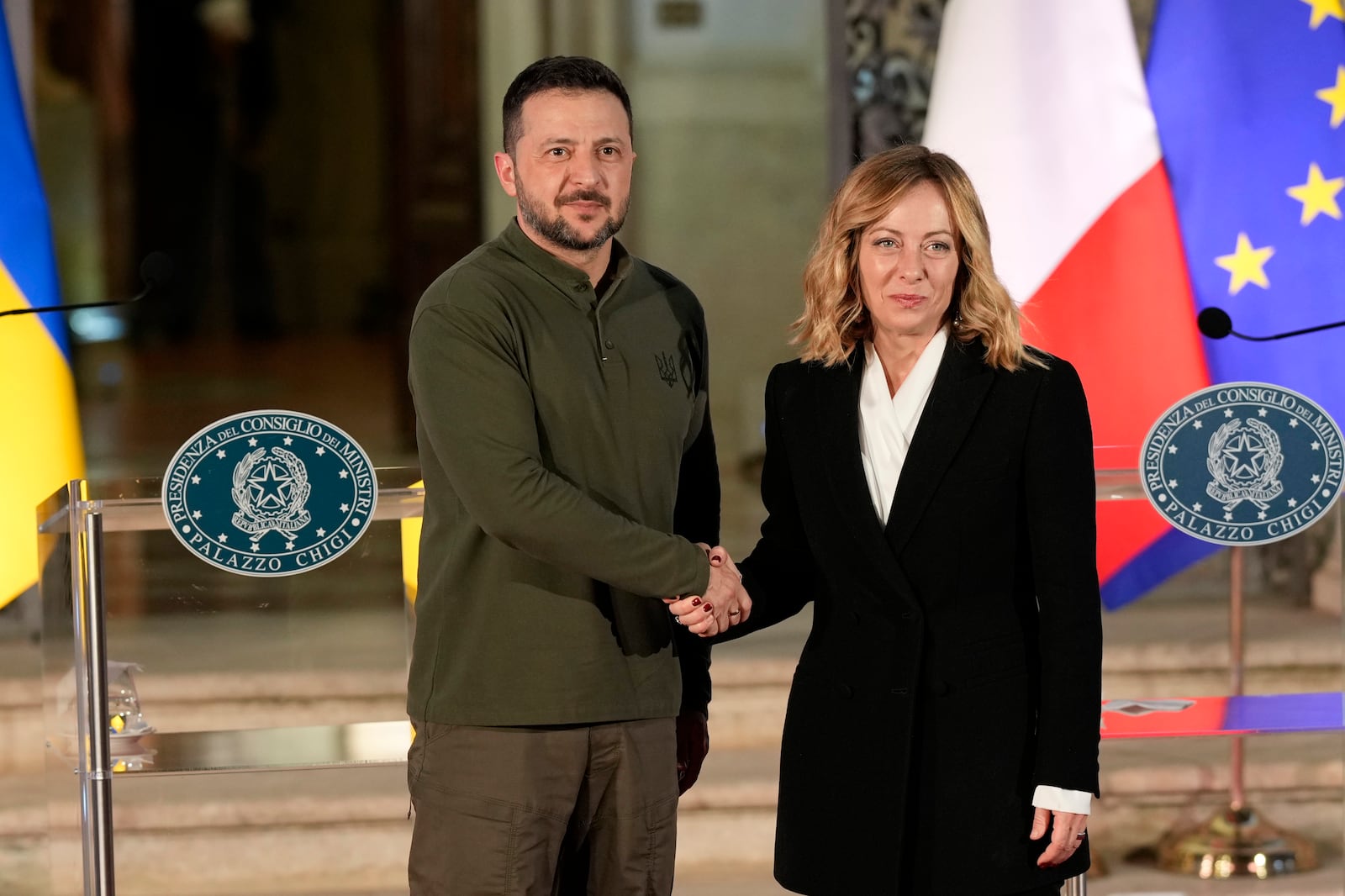 Italian Premier Giorgia Meloni, right, and Ukrainian President Volodymyr Zelenskyy pose for photographers after the press conference, at Villa Pamphilj, in Rome, Thursday, Oct. 10, 2024. (AP Photo/Andrew Medichini)