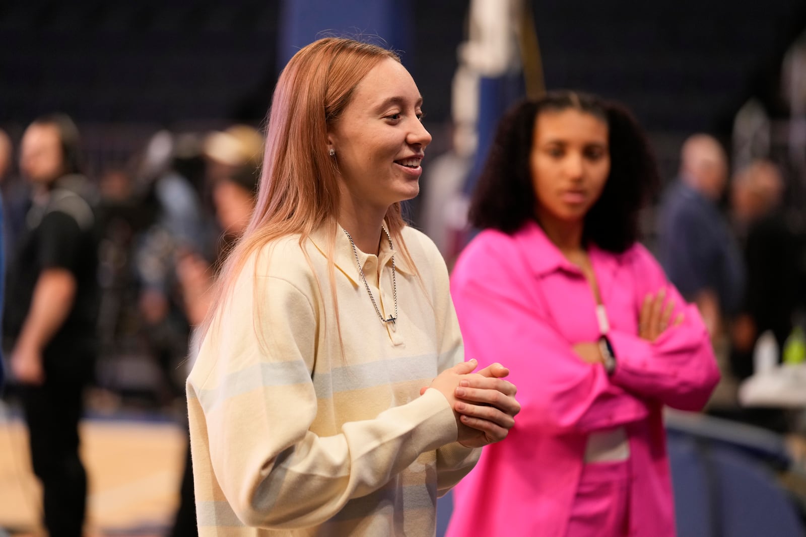 UConn basketball player Paige Bueckers talks to reporters during the Big East NCAA college basketball media day in New York, Wednesday, Oct. 23, 2024. (AP Photo/Seth Wenig)