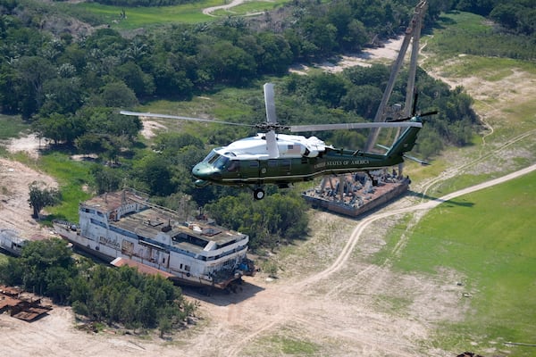 Marine One carrying President Joe Biden flies over the Amazon during a tour, Sunday, Nov. 17, 2024, in Manaus, Brazil. (AP Photo/Manuel Balce Ceneta)