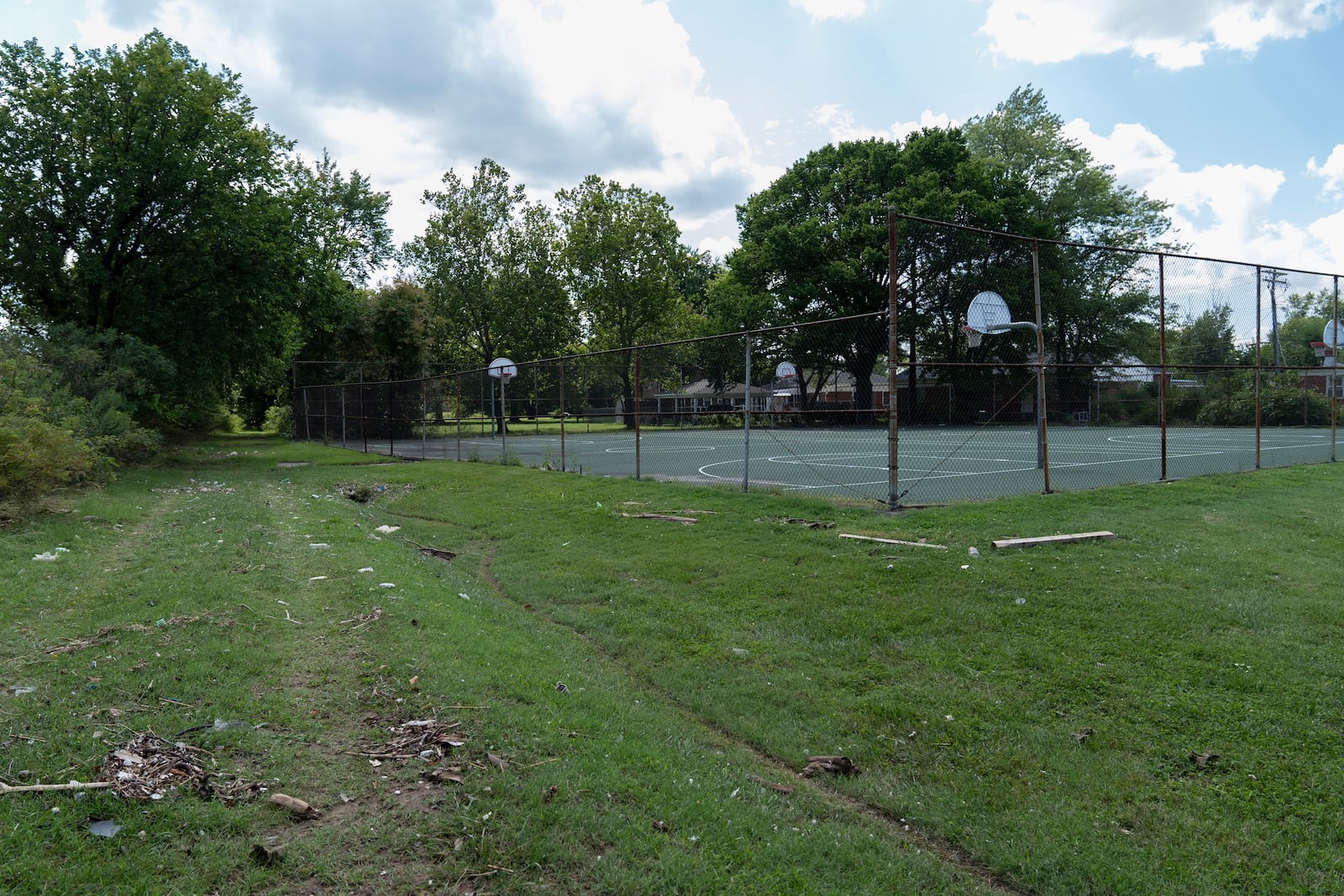 Debris from flooding is seen at at Fleming Park in Turner Station, Md., Tuesday, Aug. 13, 2024. (AP Photo/Stephanie Scarbrough)