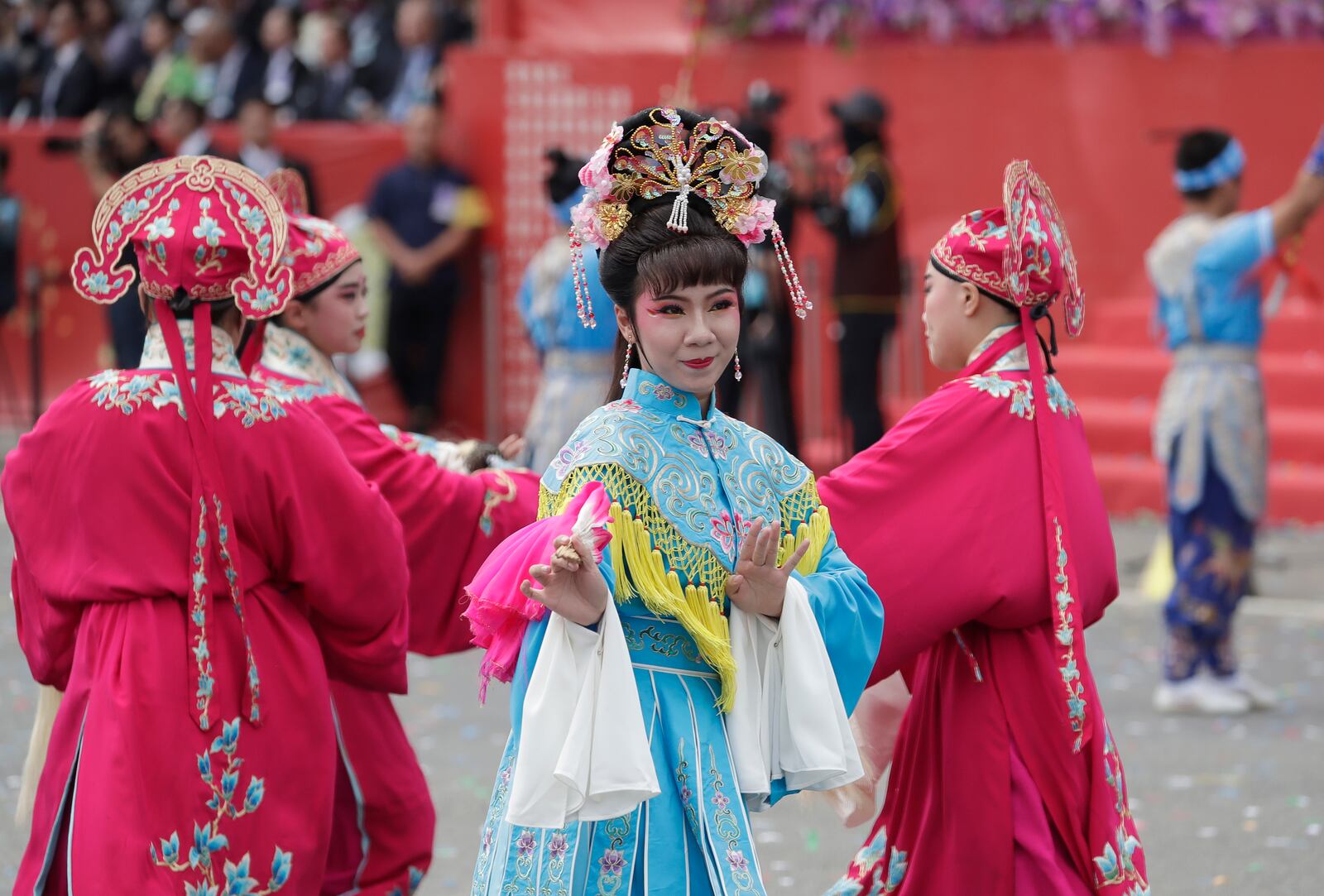 Dancers perform during National Day celebrations in front of the Presidential Building in Taipei, Taiwan, Thursday, Oct. 10, 2024. (AP Photo/Chiang Ying-ying)