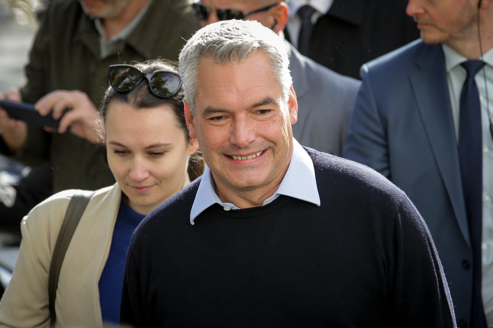 Austrian Chancellor Karl Nehammer arrives at a polling station in Vienna, Austria, Sunday, Sept. 29, 2024, to cast his vote in the country's national election. (AP Photo/Heinz-Peter Bader)