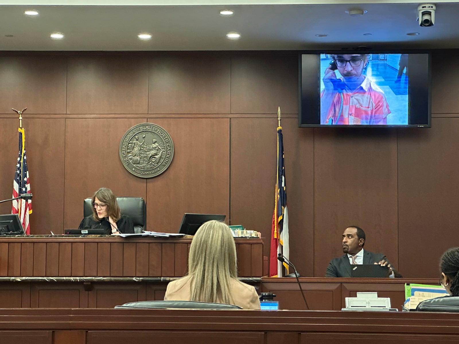 District Judge Debra Sasser addresses Andrew Thomas Graney via a video conference at the Wake County Justice Center in Raleigh, N.C., on Friday, Nov. 8, 2024. (AP Photo/Makiya Seminera)