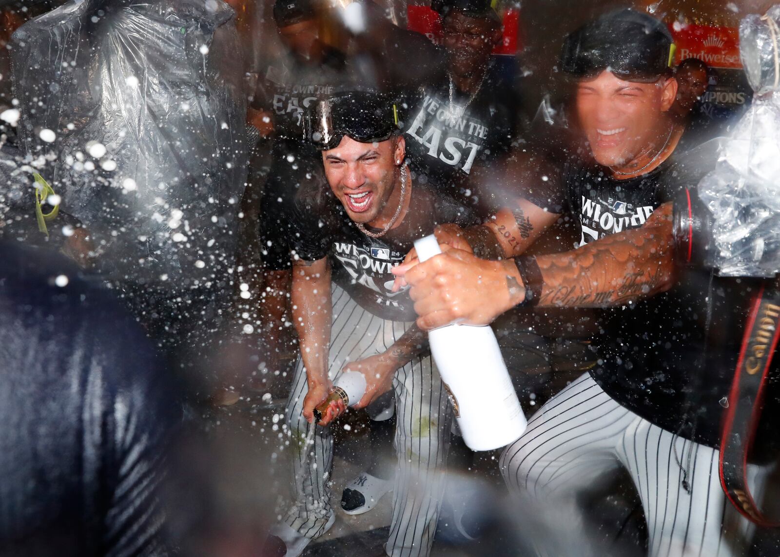 The New York Yankees celebrate after winning a baseball game against the Baltimore Orioles to clinch the American League East title Thursday, Sept. 26, 2024, in New York. (AP Photo/Noah K. Murray)