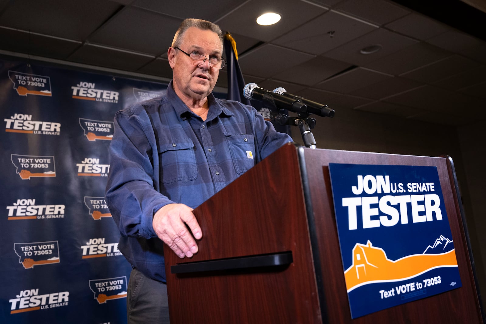 U.S. Sen. Jon Tester addresses supporters during his election night party in Great Falls, Mont., Tuesday, Nov. 5, 2024. (Thom Bridge/Independent Record via AP)