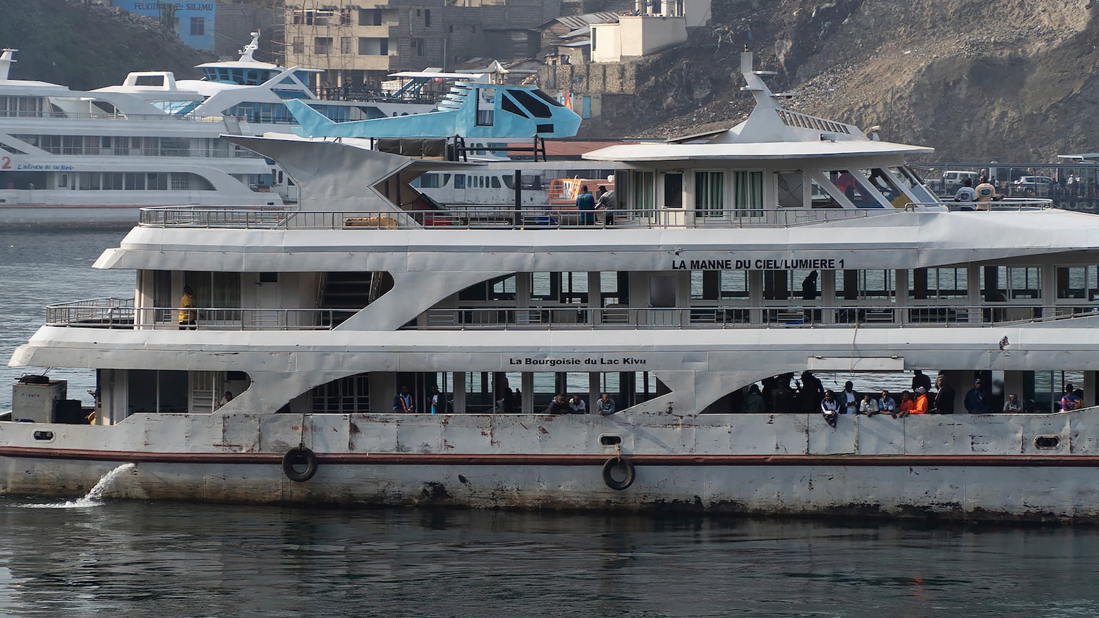 A ferry, linking Goma to Bukavu on lake Kivu, is docked in Goma, Congo Tuesday, Oct. 8, 2024. (AP Photo/Justin Kabumba)