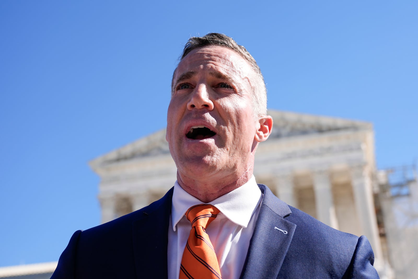 Mountain States Legal Foundation, Director of the Center to Keep and Bear Arms, Mike McCoy, speaks with reporters after a hearing at the U.S. Supreme Court, Tuesday, Oct. 8, 2024, in Washington. (AP Photo/Mariam Zuhaib)