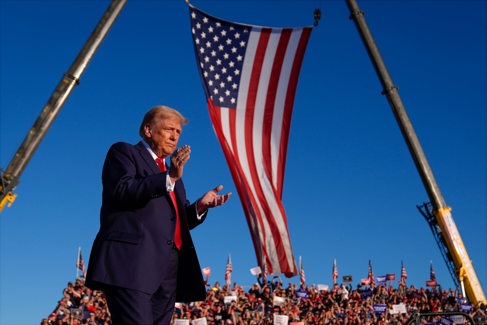 Republican presidential nominee former President Donald Trump arrives at a campaign rally at the Butler Farm Show, Saturday, Oct. 5, 2024, in Butler, Pa. (AP Photo/Evan Vucci)