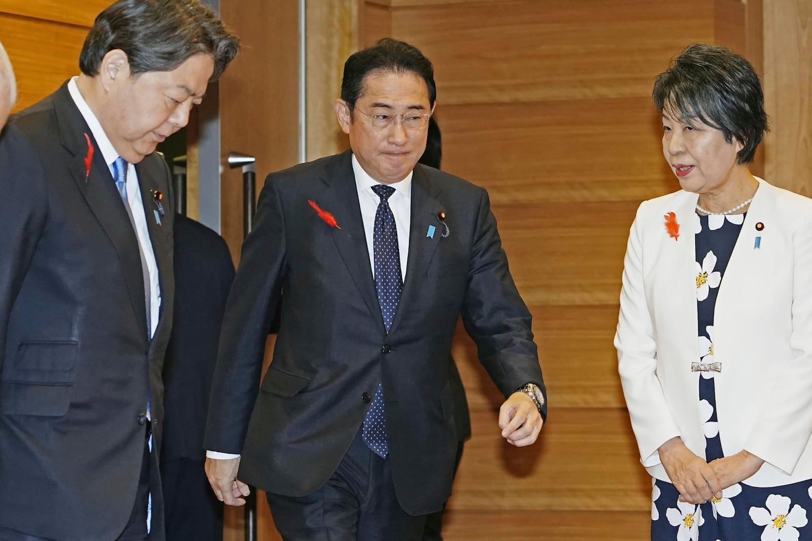 Japan’s Prime Minister Fumio Kishida, center, attends a Cabinet meeting at his office in Tokyo before his resignation Tuesday, Oct. 1, 2024. (Kyodo News via AP)