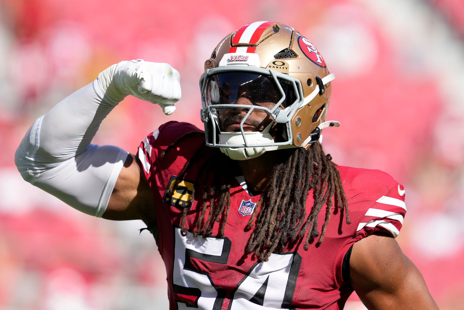 San Francisco 49ers linebacker Fred Warner reacts after a tackle against the Arizona Cardinals during the second half of an NFL football game in Santa Clara, Calif., Sunday, Oct. 6, 2024. (AP Photo/Godofredo A. Vásquez)