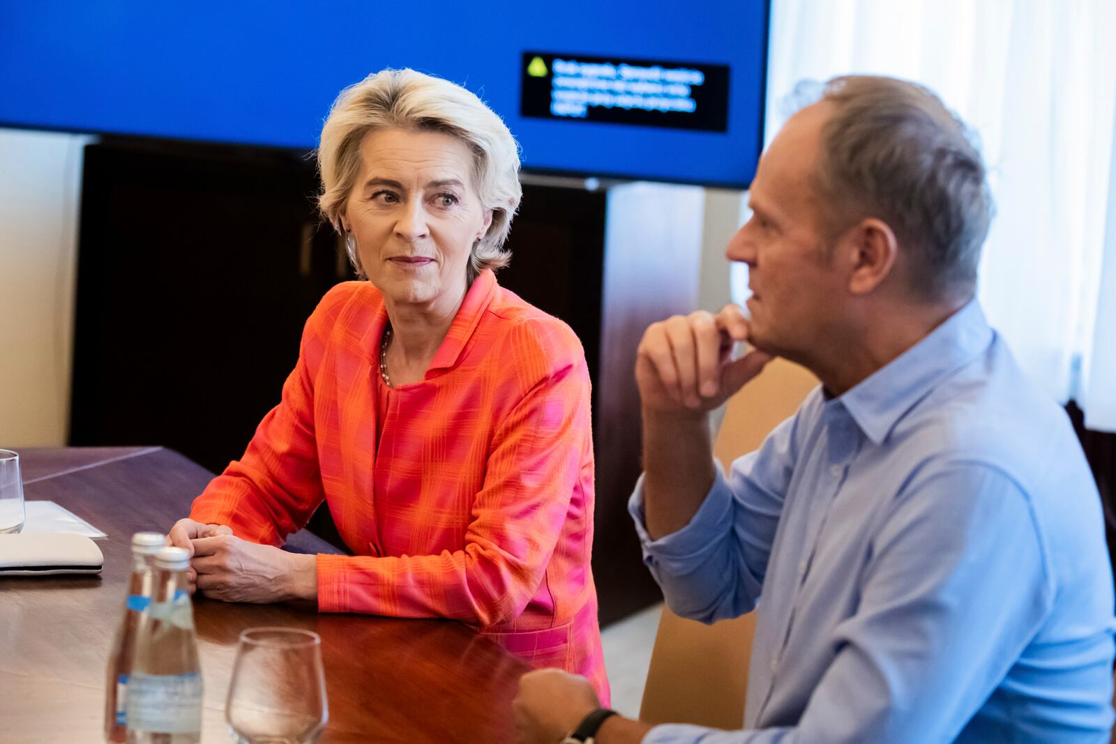 European Commmission President Ursula von der Leyen, left, meets with Poland's Prime Minister Donald Tusk, at the town hall in Woclaw, Poland, Thursday, Sept. 19, 2024. (Christoph Soeder/DPA via AP, Pool)