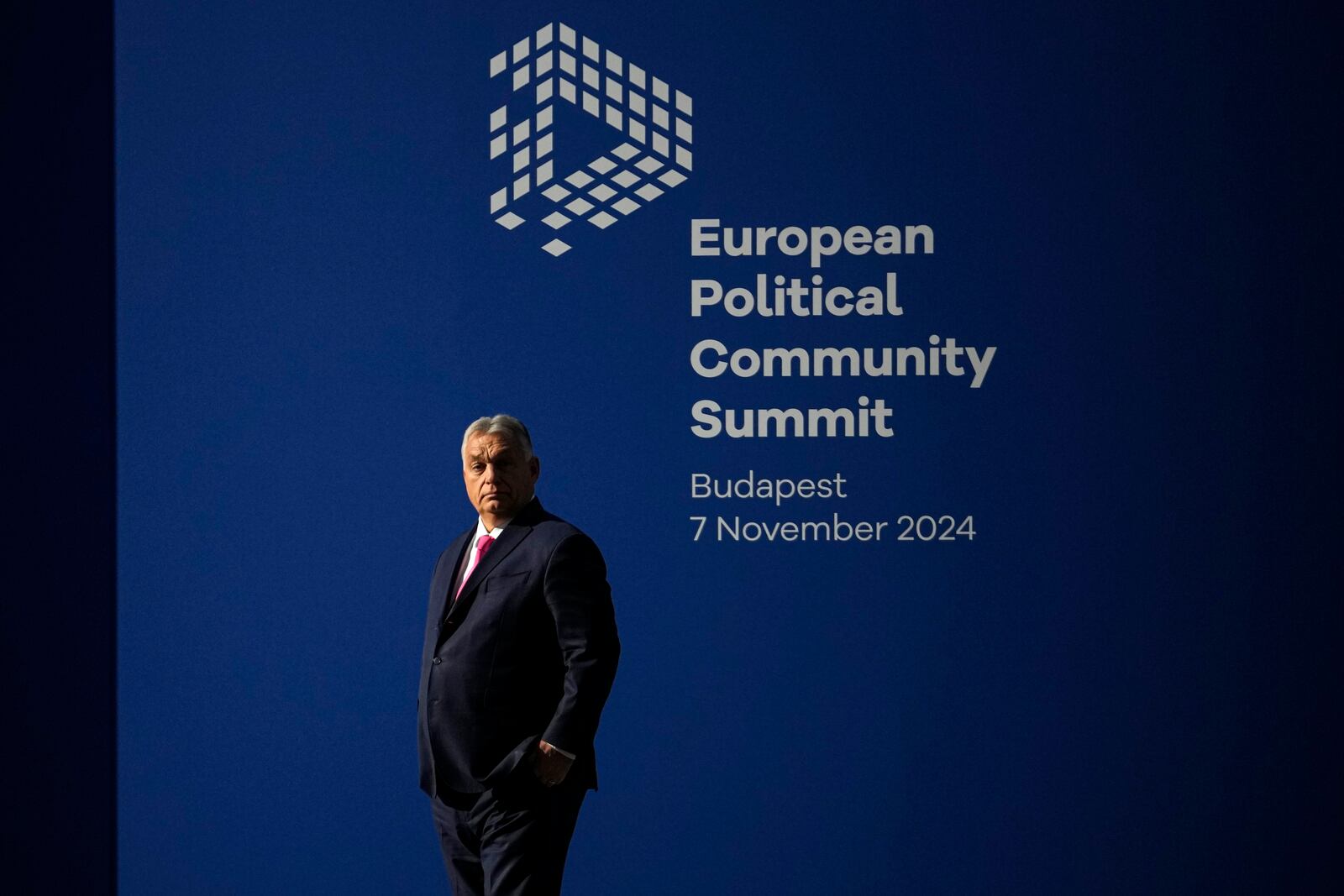 Hungary's Prime Minister Viktor Orban waits for the arrival of leaders for the European Political Community (EPC) Summit at the Puskas Arena in Budapest, Hungary, Thursday, Nov. 7, 2024. (AP Photo/Petr David Josek)