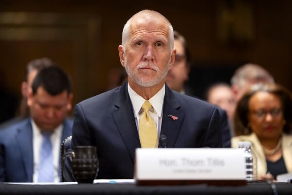 Sen. Thom Tillis, R-N.C., appears before the Senate Appropriations Committee on Capitol Hill, Wednesday, Nov. 20, 2024, in Washington. (AP Photo/Mark Schiefelbein)