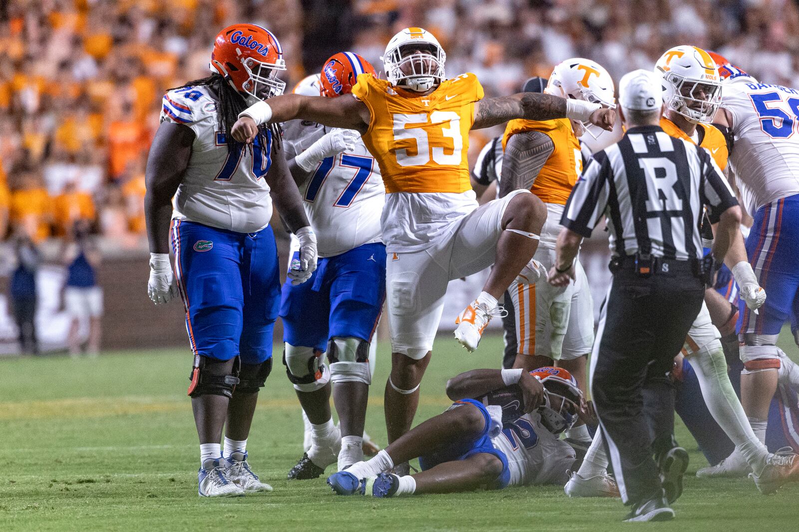 Tennessee defensive lineman Daevin Hobbs (53) reacts to sacking Florida quarterback DJ Lagway (2) during the second half of an NCAA college football game, Saturday, Oct. 12, 2024, in Knoxville, Tenn. (AP Photo/Wade Payne)