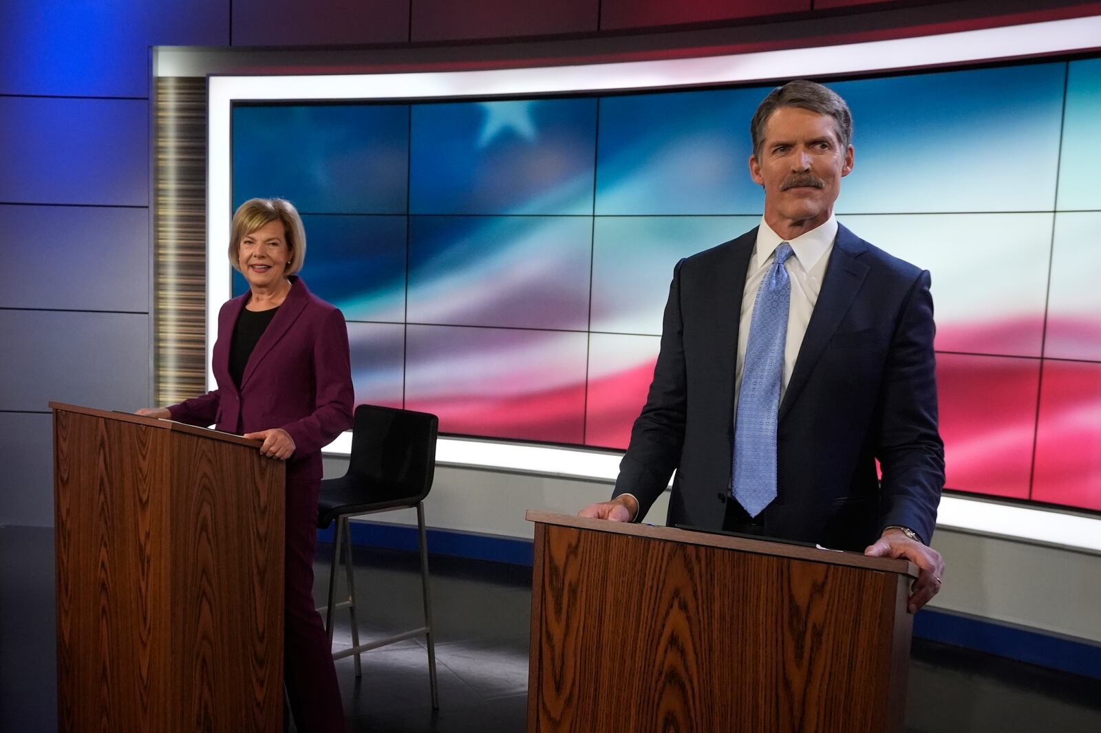 Wisconsin Senate candidates Republican Eric Hovde and Democratic U.S. Sen. Tammy Baldwin are seen before a televised debate Friday, Oct. 18, 2024, in Madison, Wis. (AP Photo/Morry Gash)