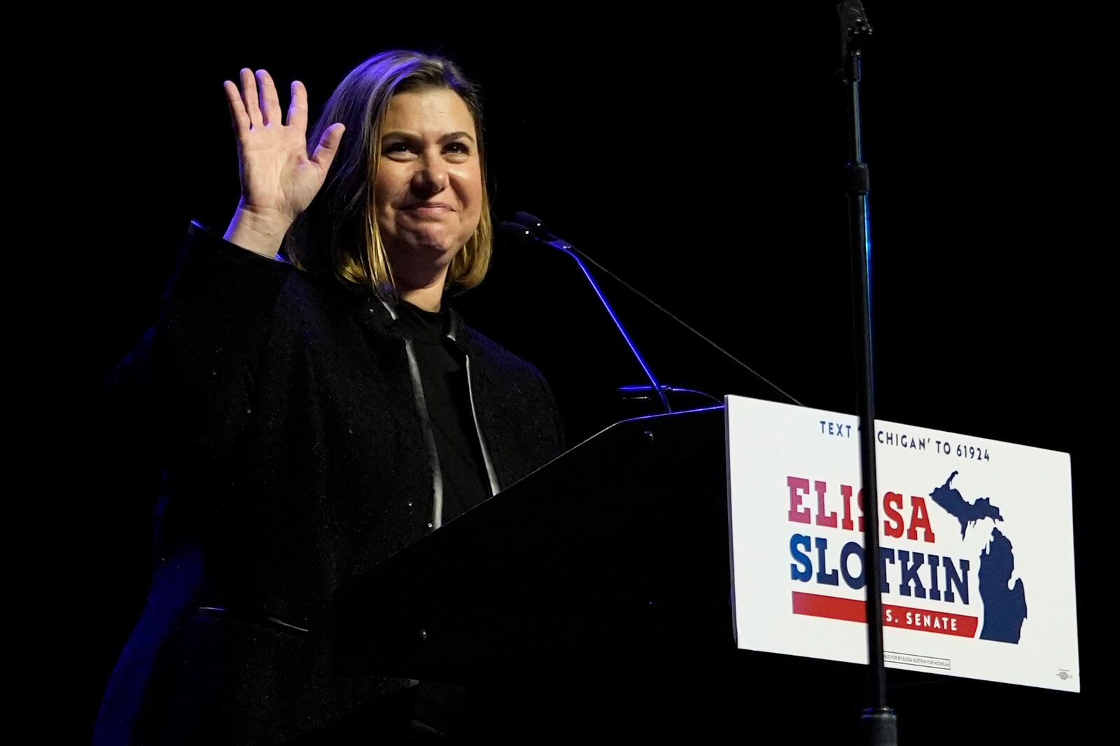 Democratic Michigan Senate candidate Rep. Elissa Slotkin speaks during an election night watch party, Wednesday, Nov. 6, 2024, in Detroit. (AP Photo/Carlos Osorio)