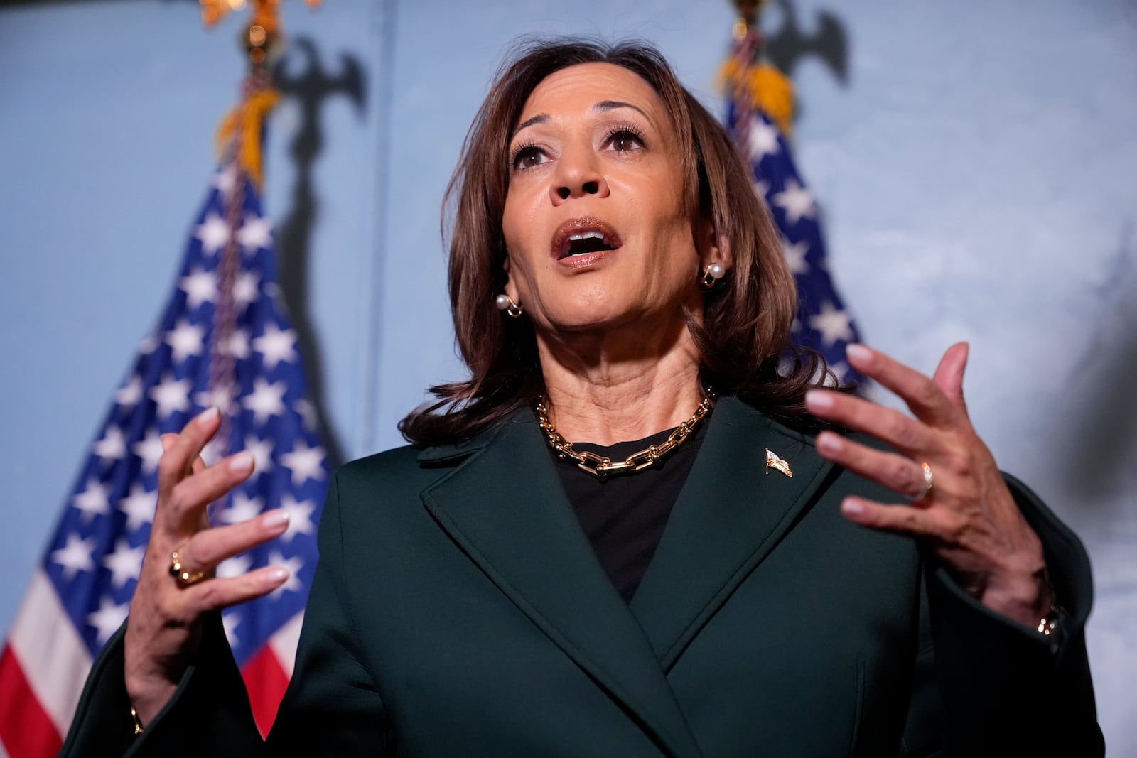 Democratic presidential nominee Vice President Kamala Harris speaks with reporters before a town hall at the Royal Oak Theatre in Royal Oak, Mich., Monday, Oct. 21, 2024. (AP Photo/Jacquelyn Martin)