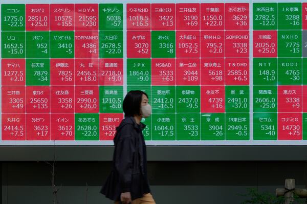 FILE - A passerby moves past an electronic stock board showing Japan's stock prices outside a securities firm in Tokyo, on Oct. 11, 2024. (AP Photo/Shuji Kajiyama, File)