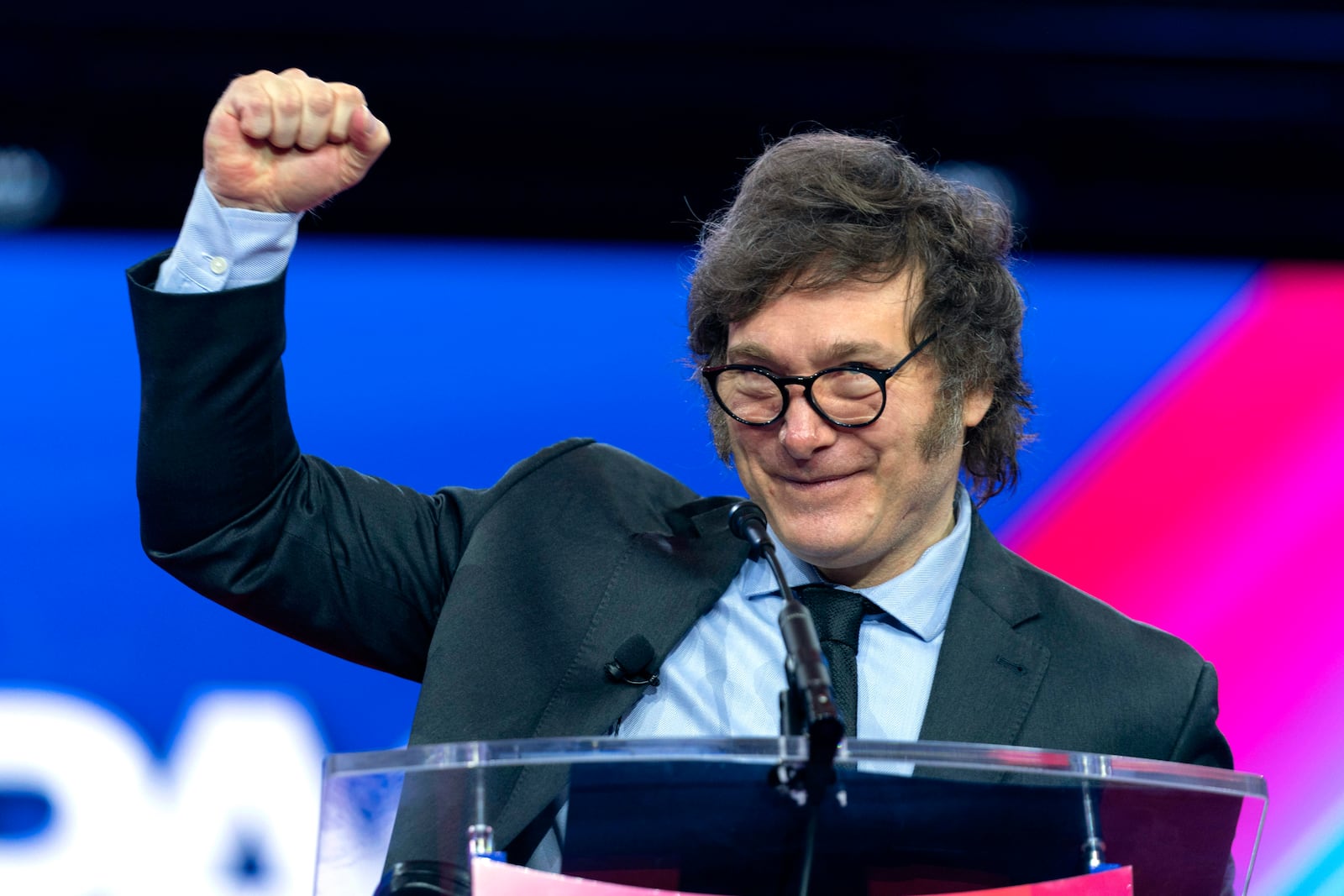 FILE - Argentina's President Javier Milei speaks during the Conservative Political Action Conference, CPAC 2024, at the National Harbor, in Oxon Hill, Md., on Feb. 24, 2024. (AP Photo/Jose Luis Magana, File)