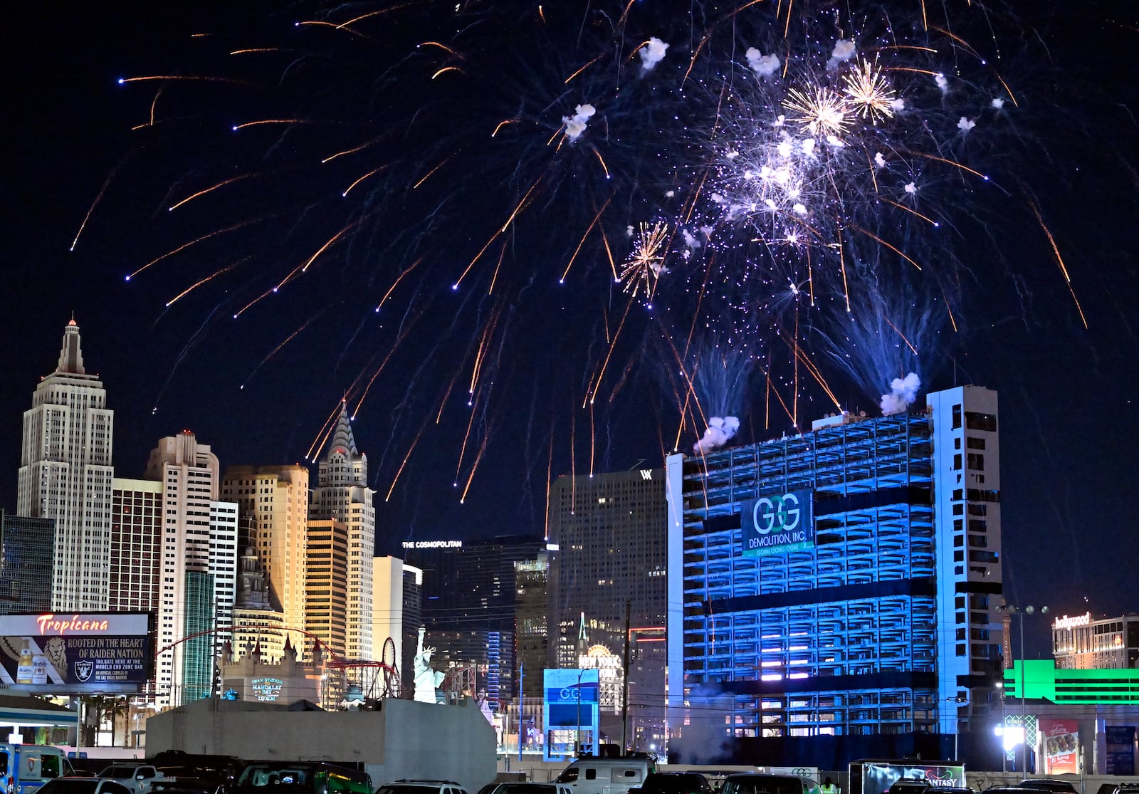 Fireworks are launched before the Tropicana Las Vegas towers are imploded, Wednesday, Oct. 9, 2024, in Las Vegas. (AP Photo/David Becker)