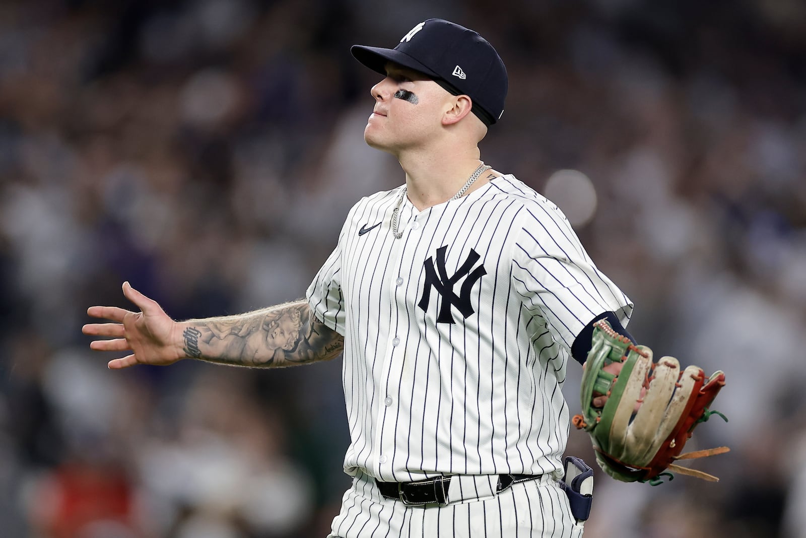 New York Yankees outfielder Alex Verdugo reacts after the Yankees defeated the Kansas City Royals in Game 1 of the American League baseball division series, Saturday, Oct. 5, 2024, in New York. (AP Photo/Adam Hunger)