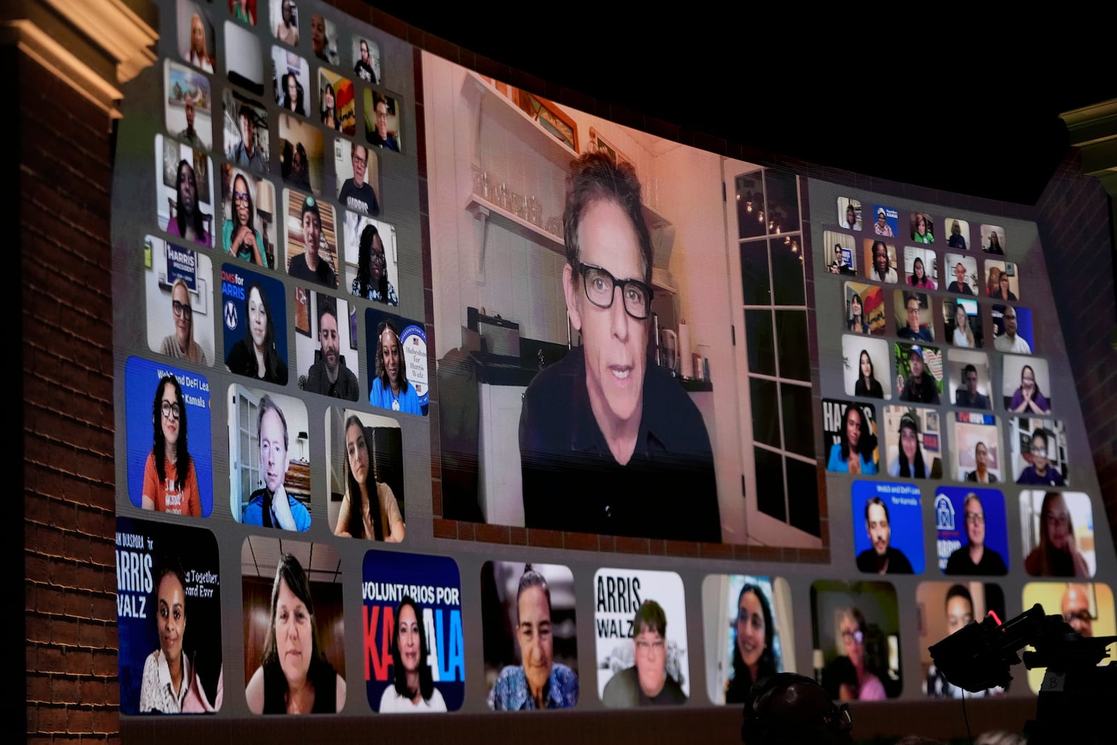 Actor Ben Stiller watches via video Oprah Winfrey speak before Democratic presidential nominee Vice President Kamala Harris joins her at Oprah's Unite for America Live Streaming event Thursday, Sept. 19, 2024 in Farmington Hills, Mich. (AP Photo/Paul Sancya)